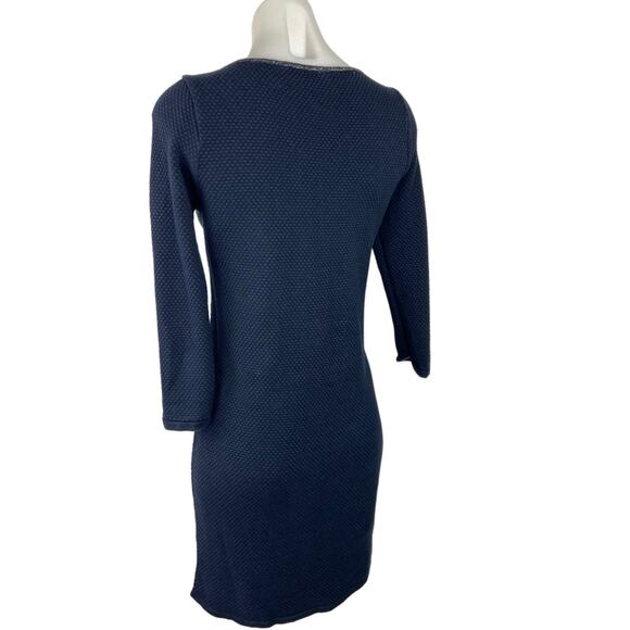 Promod Blue Waffle Knit Rib Trim Crewneck 3/4 Sleeve Career Office Shift Dress M - Picture 2 of 6
